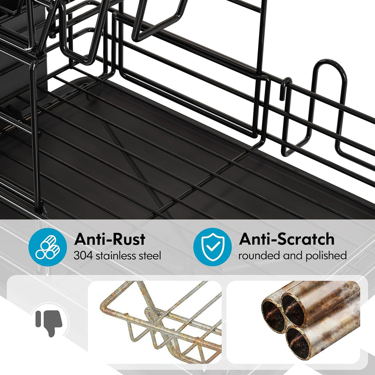 JASIWAY 2 Tier Black Large Stainless Steel Dish Drainers Drying Rack for Kitchen Counter with Drainboard, Rust Proof Metal, Space Saving, Modern Aesthetic, Compact Plates Strainers with Extra Mat