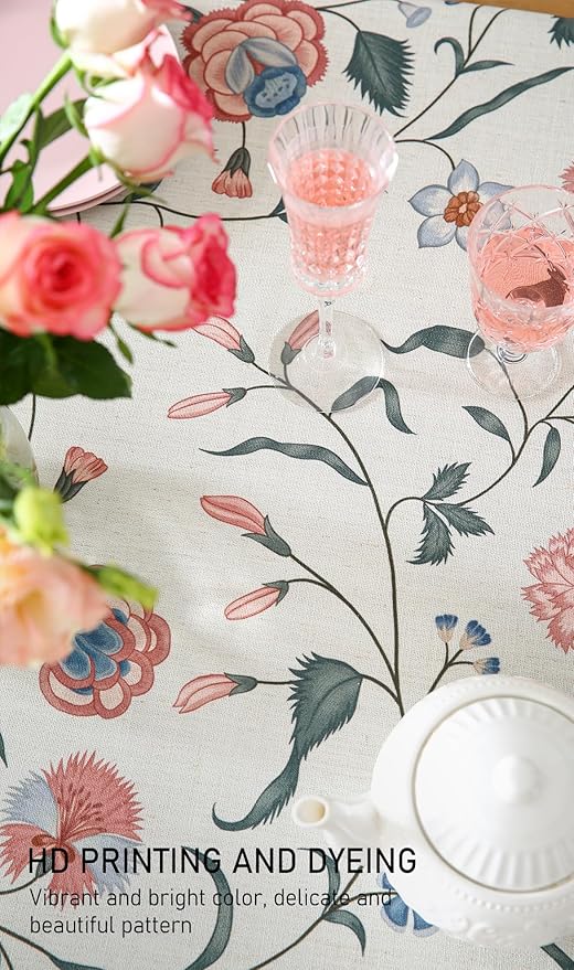 ISAENNE Designer Chinoiserie Linen Floral Square Tablecloth,White Wrinkle Resistant Table Cloth,Elegant Decor Tablecloths for Dining Thanksgiving Kitchen Party Christmas,67"*67"-Daffy