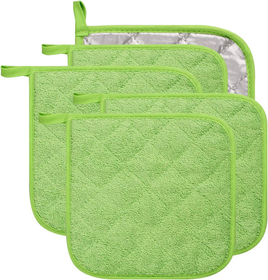 100% Cotton Kitchen Everyday Basic Terry Pot Holder Heat Resistant Coaster Potholder for Cooking and Baking Set of 5 Apple Green