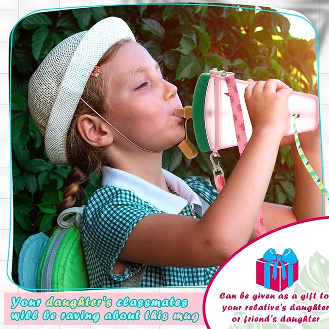Patelai 8 Pcs Cute Water Bottles with Straw Kawaii Watermelon Ice Cream Cups Leak Proof Drinking Bottles with Adjustable Shoulder Strap for Sports Travel Camping(Stylish Style)