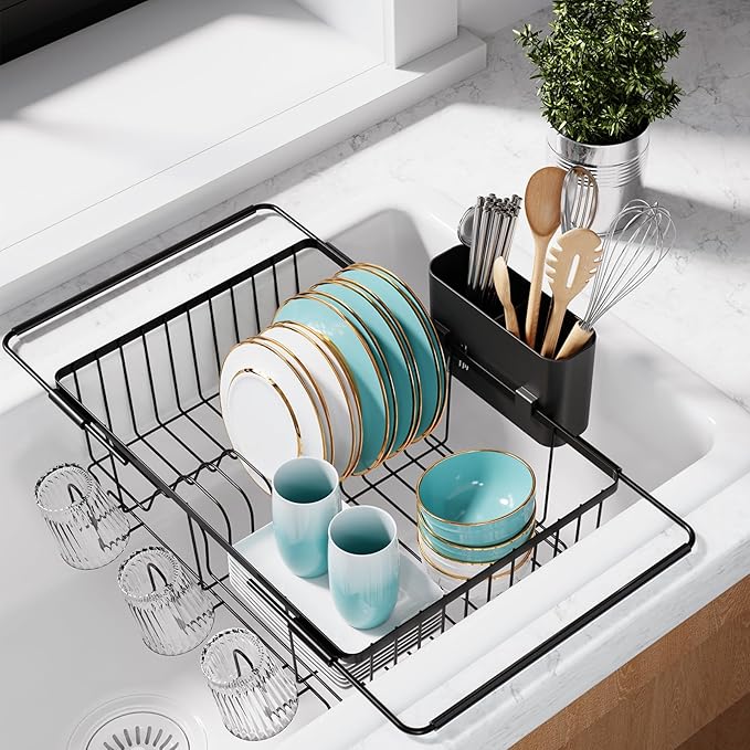 Sakugi Dish Drying Rack in Sink - Expandable Stainless Steel Dish Rack Over The Sink, Kitchen Sink Drain Strainer with Cutlery Holder & Cup Holders, 15.4 x 11.3 x 6.6 Inch, Black