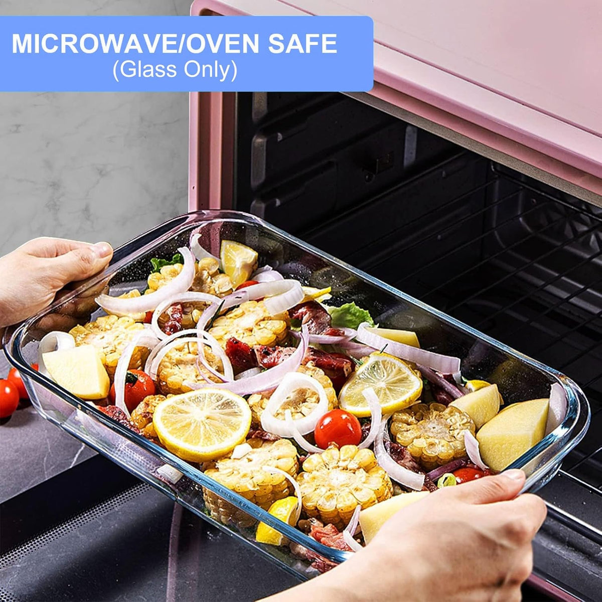 KOMUEE 8 Pieces Glass Baking Dish with Lids Rectangular Glass Baking Pan Bakeware Set with BPA Free Lids, Baking Pans for Lasagna, Leftovers, Cooking, Kitchen, Fridge-to-Oven,Blue