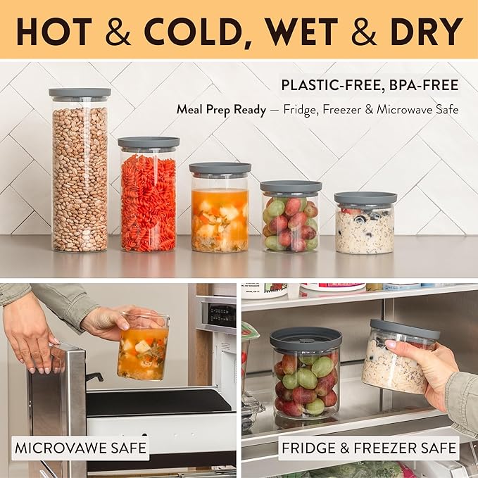 Glass Airtight Food Storage Containers with Silicone and Glass Lids – BPA-Free Jars and Canisters for Pasta Rice Flour, Dry or Wet Foods, Pantry Meal Prep – Set of 5 with Portion Tool