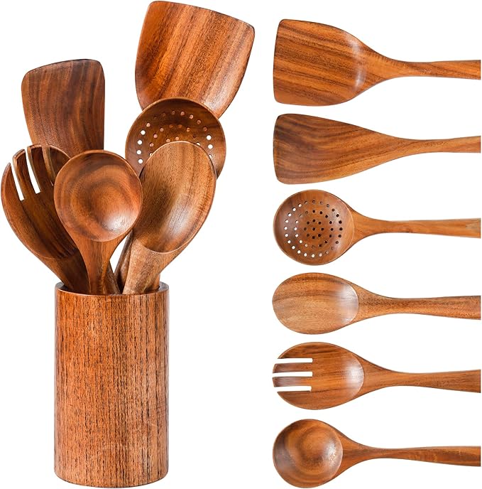 Kitchen Utensils Set, NAYAHOSE Wooden spoons for Cooking Non-stick Pan Kitchen Tool Wooden Cooking Spoons and Wooden utensil storage wooden barrel