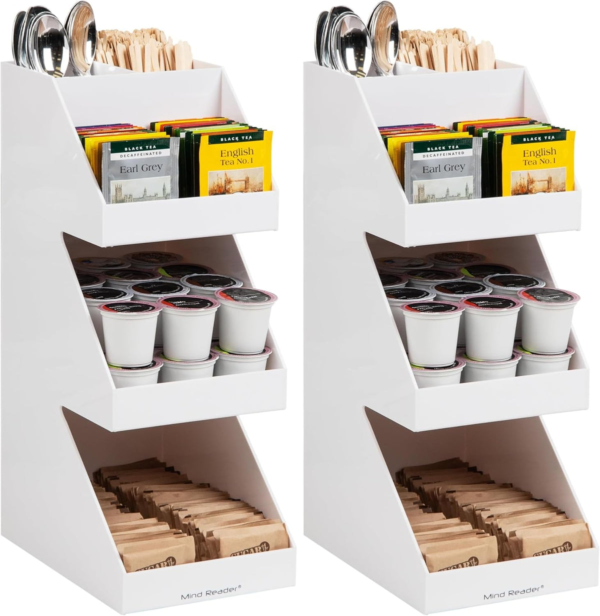 Mind Reader Coffee Tea Utensil and Condiment Station, Countertop Organizer, Coffee Bar, Kitchen, 6" L x 9" W x 16" H, White (Pack of 2)