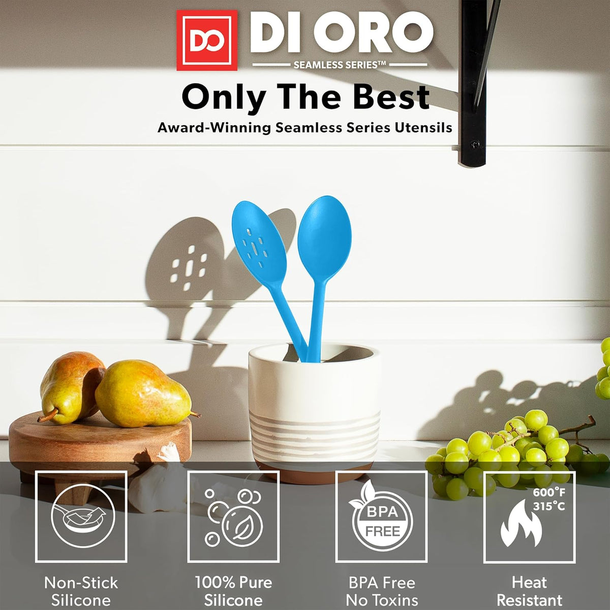 DI ORO Silicone Mixing & Serving Spoons - Large Heat-Resistant Non Stick Utensils Big Solid & Slotted Basting Spoons - Dishwasher Safe (2pc, Blue)