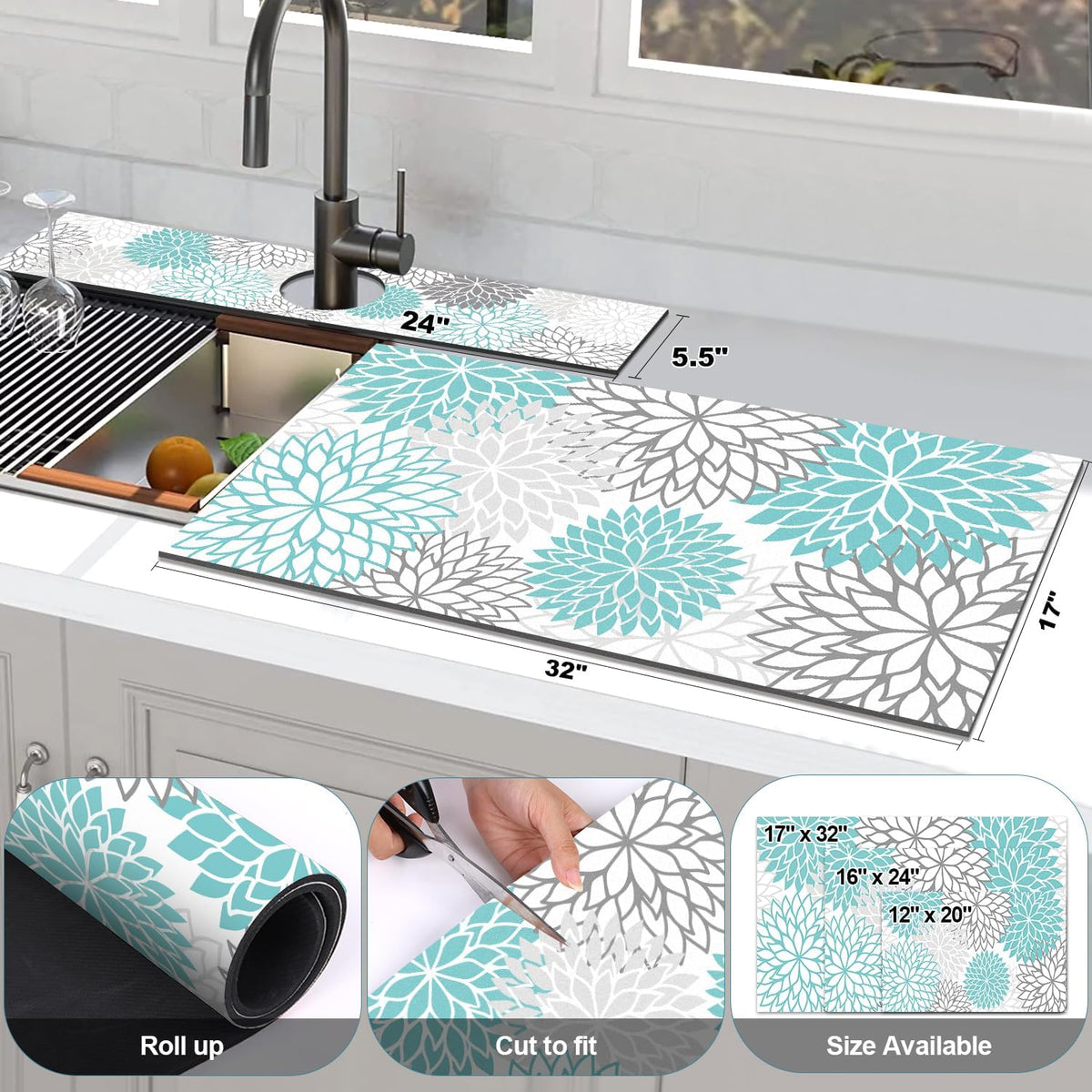 Findosom 2PCS 17" x 32" Dish Drying Mat & 24" x 5.5" Sink Splash Guard, Super Absorbent & Cuttable Dish Mat Drying Kitchen Mat with Teal Floral, Hide Stain Drying Mat for Kitchen Counter