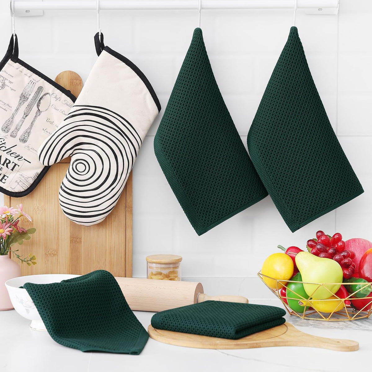 Homaxy 100% Cotton Waffle Weave Kitchen Dish Towels, Ultra Soft Absorbent Quick Drying Cleaning Towel, 13 x 28 Inches, 4-Pack, Blackish Green