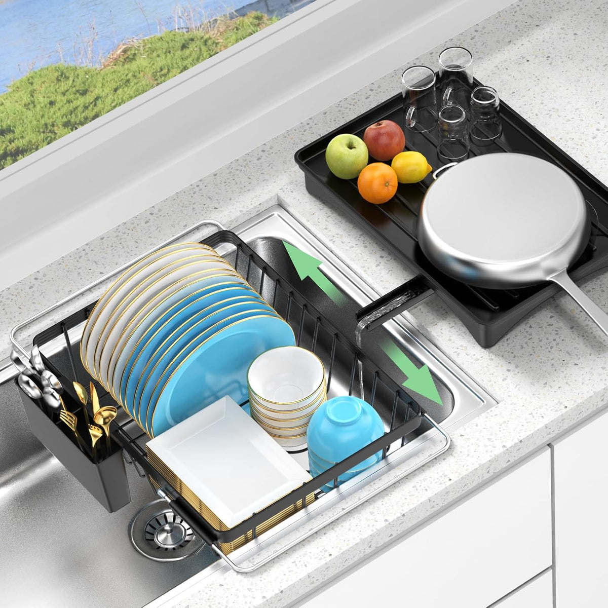 LEMIKKLE Roll Up Dish Drying Rack, Over The Sink Dish Drainer Rack, Foldable Sink Drying Rack, Anti-Slip Silicone Wrapped Dish Drainer for Kitchen Counter