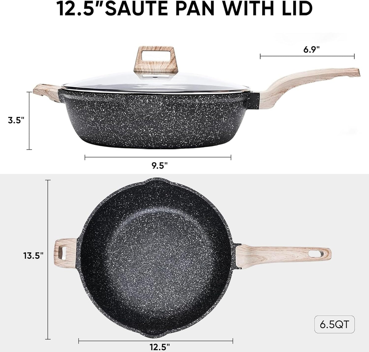 CAROTE 12.5 Inch Nonstick Deep Frying Pan with Lid, 6.5 Qt Jumbo Cooker Saute Pan with Pour Spout, Skillet Induction Cookware, Non Stick Cooking Pan PFOA Free, Classic Granite