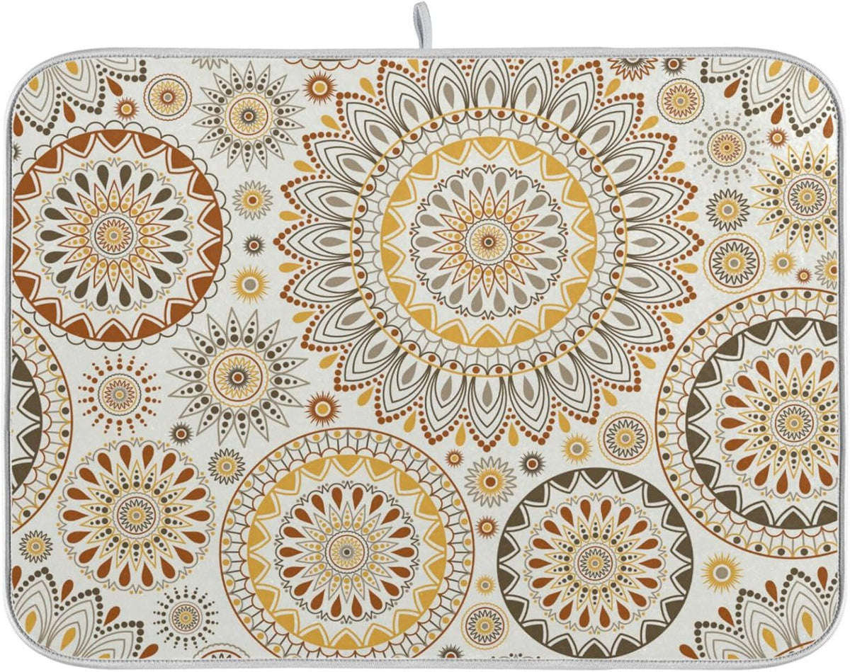 Mandala Ethnic Bohemian Ornament Dish Drying Mat for Kitchen Counter Absorbent Microfiber Drying Pad, Large 18x24 in, Reversible Drainer Mats