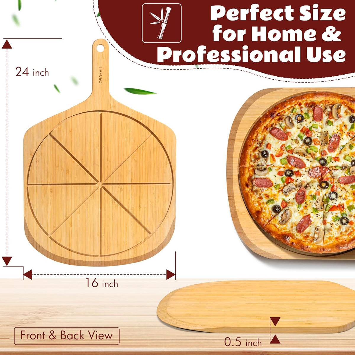 Wooden Pizza Peel 16 Inch, Large Bamboo Pizza Paddle Spatula - Serving Board, Wood Pizza Cutting Boards with 8 Slice Grooves and Handle for Kitchen Oven Pastry Pizzas