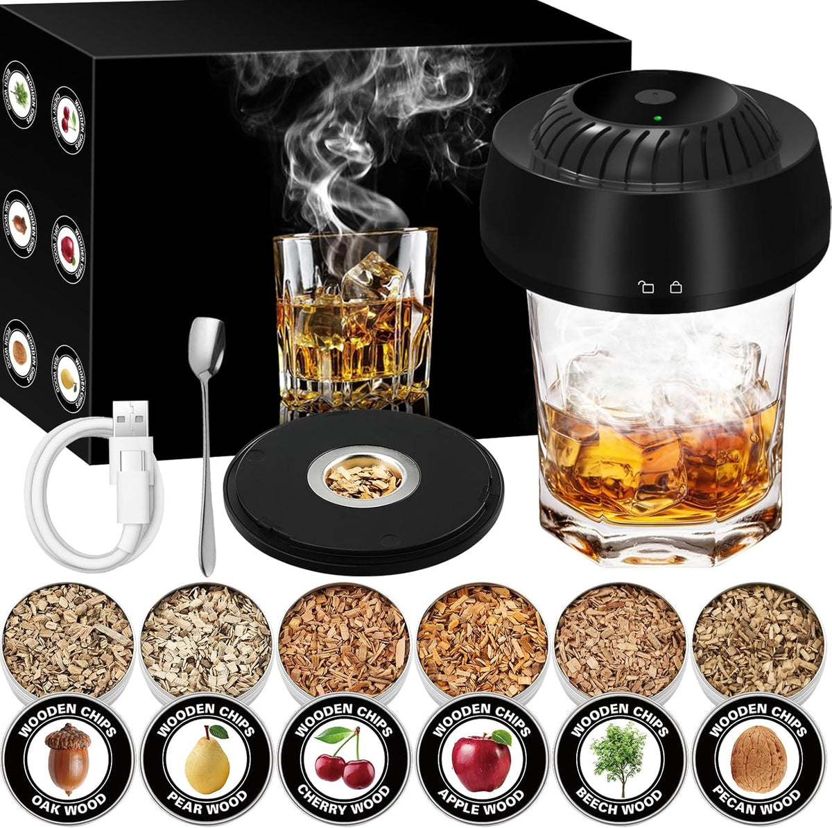 Electric Whiskey Smoker Kit with 6 Wood Chips, Electric Cocktail Smoker Kit Built-in Lighter, No Butane Needed, Gifts for Christmas, Gifts for Men, Dad, Husband
