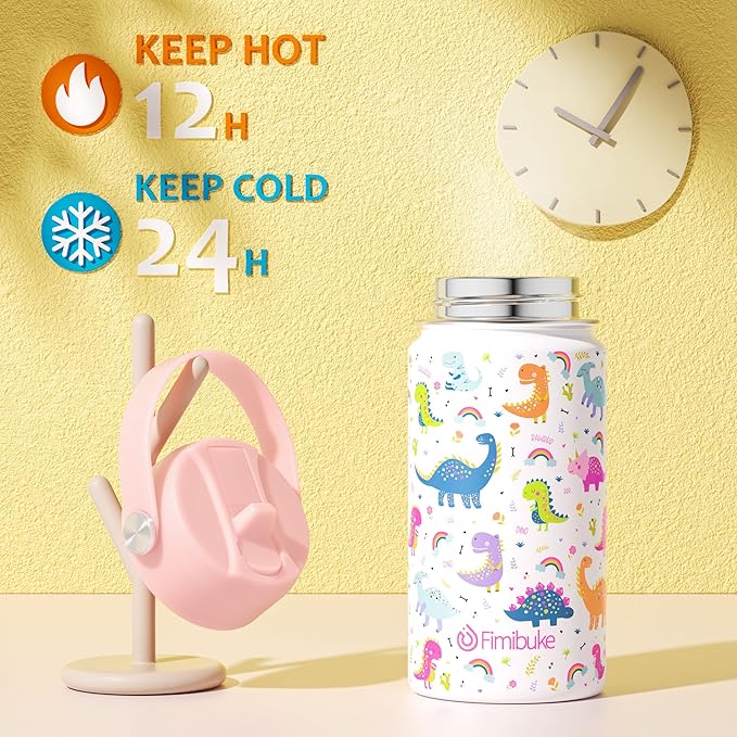 Fimibuke Kids Insulated Water Bottle, 14oz BPA FREE Double Wall Vacuum Tumbler 18/8 Stainless Steel Leak Proof Kids Cups with Straw Metal Bottle for School Boy Girl (2 Pack, UNICORN/WHITE DINOSAUR)