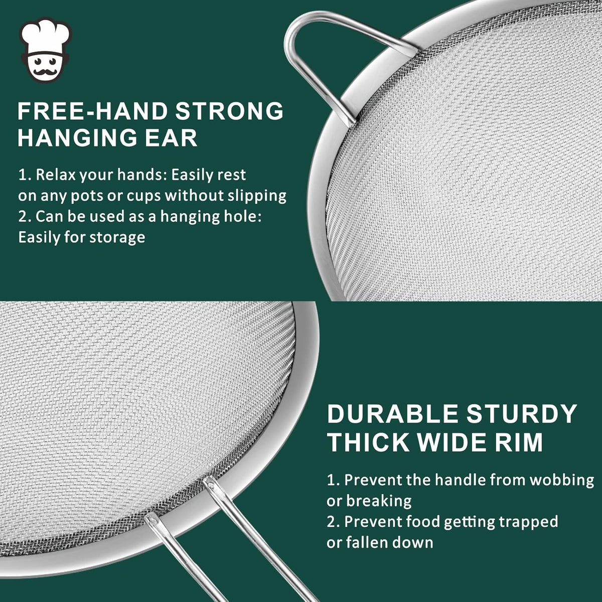 Yimi Fine Mesh Strainers Skimmers Set of 4, Stainless Steel Sieve Strainer Wire Sifter Colanders with Anti-Scald Handle,Kitchen Utensil Ideal for Strain Pasta Quinoa Rice, Ideal for Gift