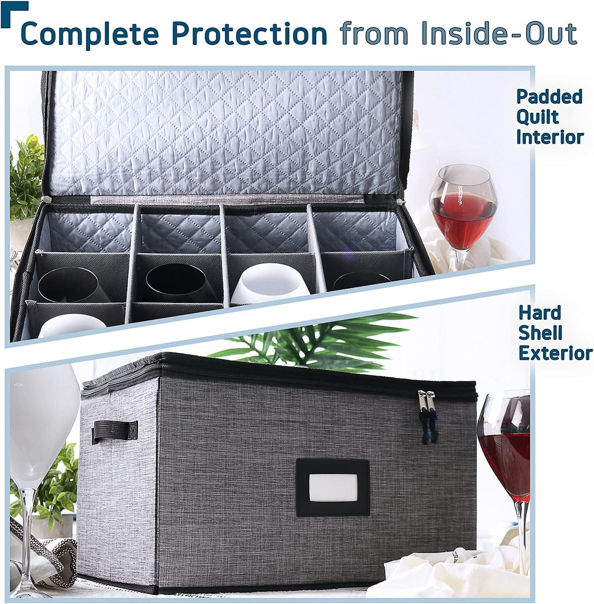 Wine Glass Storage Box with Dividers, Quilted and Stackable Stemware Storage Cases, Service of 12 Glassware Storage Containers, China Storage Containers Hard Shell for Moving and Seasonal Storage