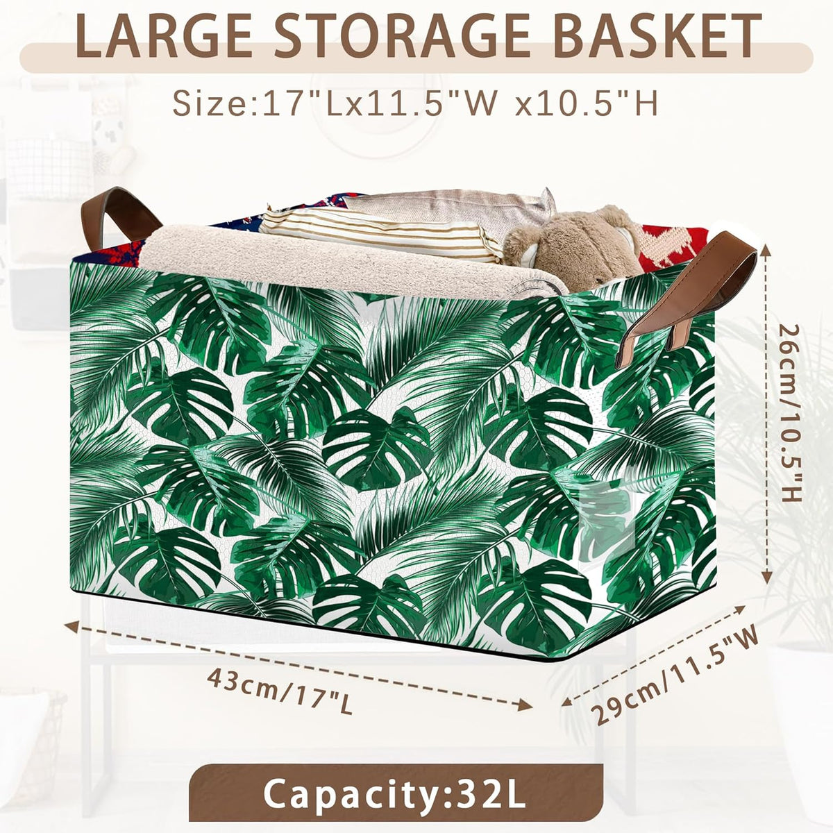 Foldable Collapsible Storage Bin with Palm & Banana Leaf Design-17x11.5x10.5 Inch Organizer Basket for Home, Nursery, Closet-Single Pack, No Lid Space-Saving Storage Box