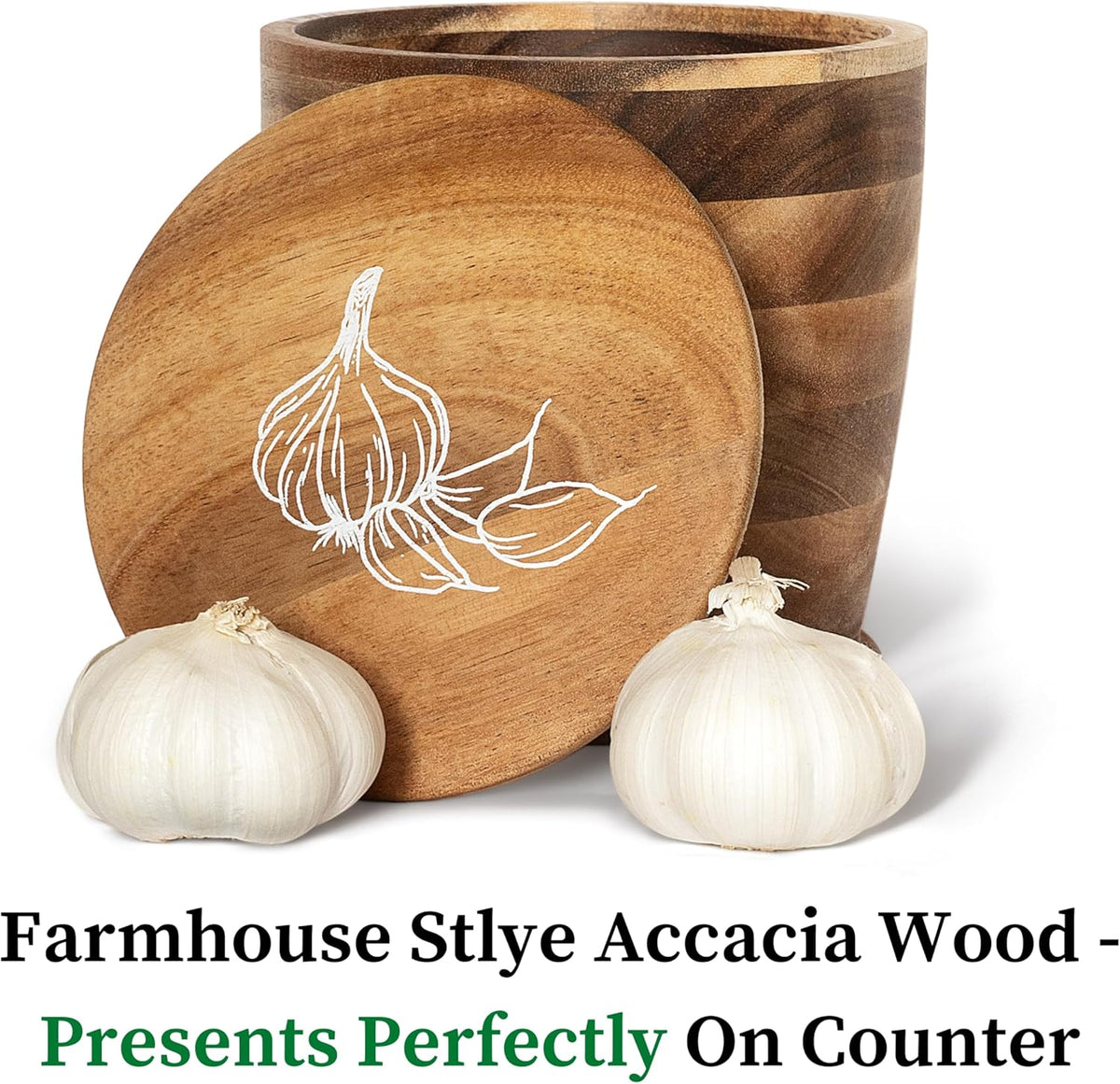 Introducing The Always Fresh Acacia Garlic Keeper For Counter. A Crafted & Large Garlic Storage Holder Jar. A Farmhouse Container Pot Saver.