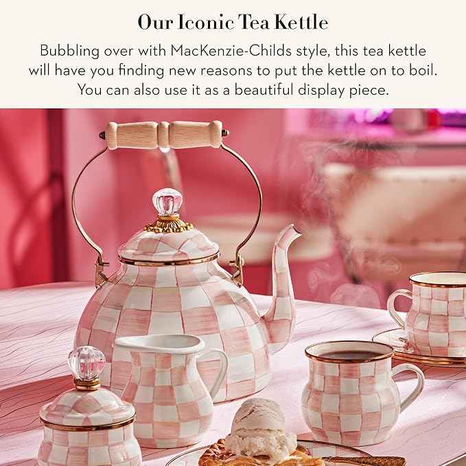 MACKENZIE-CHILDS Enamel Tea Kettle, Stylish Tea Kettle for Stovetop, Pink-and-White Rosy Check, 3 Quarts