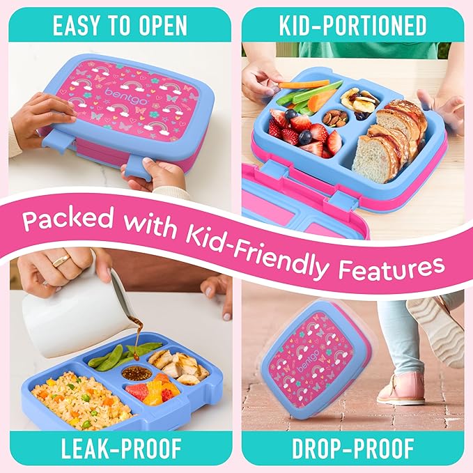 Bentgo Kids Prints Leak-Proof, 5-Compartment Bento-Style Kids Lunch Box - Ideal Portion Sizes for Ages 3-7, Durable, Drop-Proof, Dishwasher Safe, & PFAS & BPA-Free Materials (Rainbows & Butterflies)