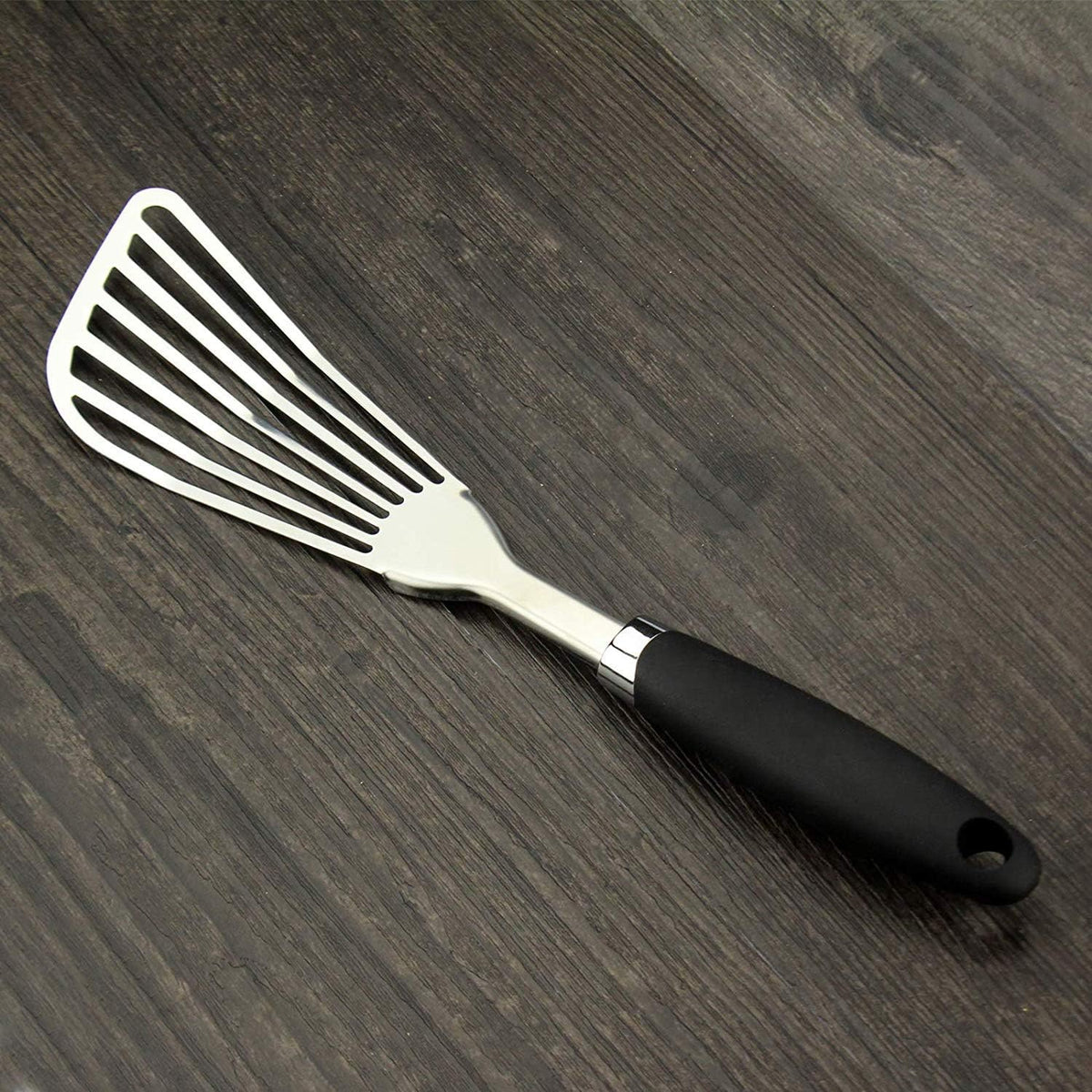 304 Stainless Steel Fish Spatula, Non-Slip Ergonomic Handle Slotted Spatula, Black