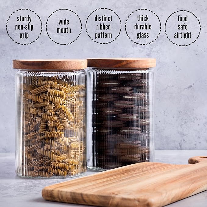 Mason & Fable Ribbed Glass Jar with Wooden Lid 70fl.oz- Set of 2 | Airtight Fluted Storage Container for Cookies, Pasta, Coffee, Dog Treats, Snacks | Organization Canisters for Home & Kitchen