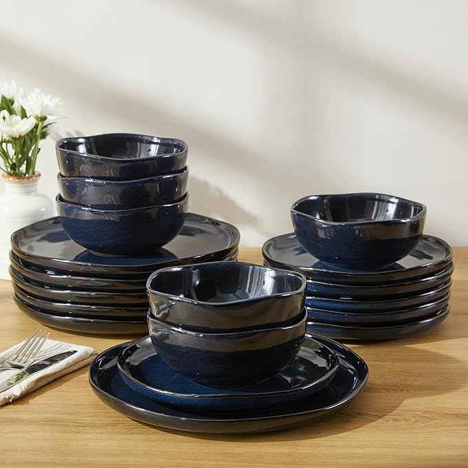 18 Piece Stoneware Dish Set for 6, Reactive Glaze Ceramic Plates and Bowls Set | Coastal‑Inspired Irregular Design for Casual Entertaining & Intimate Dinners | Dishwasher & Microwave Safe