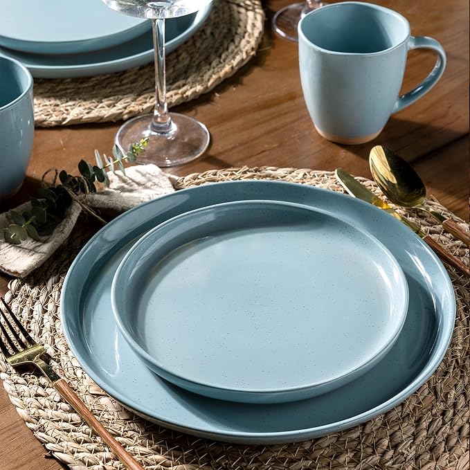 AmorArc Ceramic Dinnerware Sets for 6, 18 Pieces Handpainted Plates and Bowls Set with Rustic Terracotta Underside, Scratch Resistant Stoneware Dishes Set, Dishwasher & Microwave Safe, Stone Blue