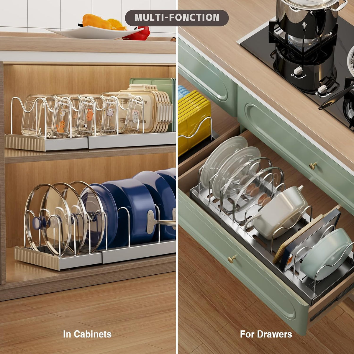 2 Pack Expandable Food Storage Container Lid Organizers, 22" Pots and Pans Organizer Under Cabinet with 9 Adjustable Dividers Pot and Pan Lid Holders Rack Inside Cabinet(Gray)