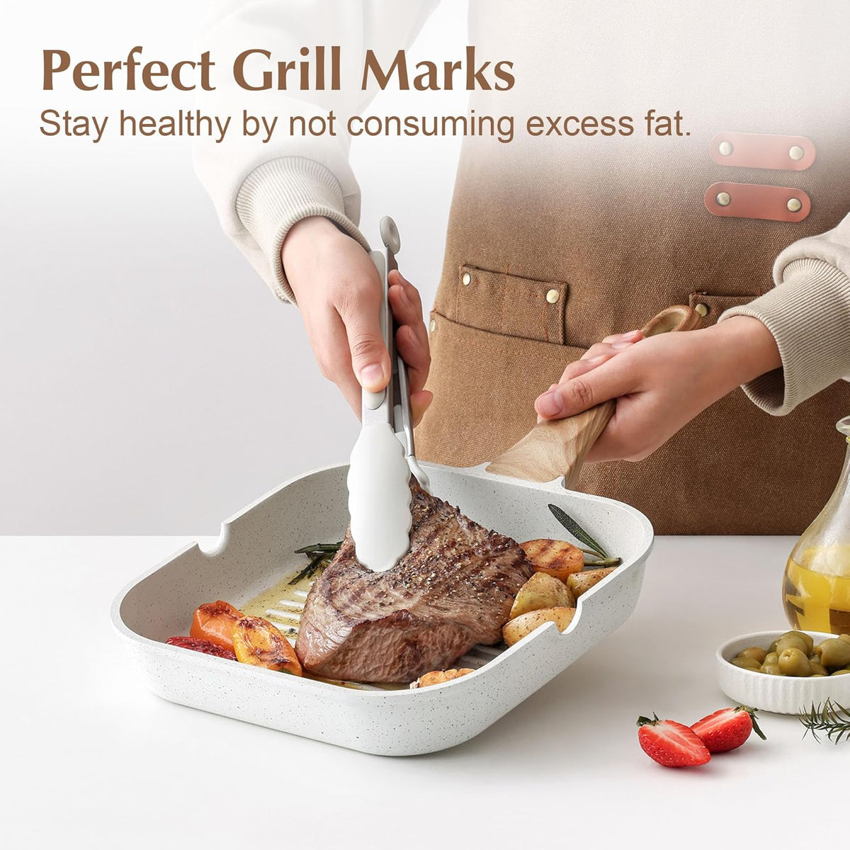 SENSARTE Nonstick Ceramic Grill Pan for Stove Tops, Versatile Square Grilling Pan with Pour Spouts, Durable Grill Skillet for All Stoves, Steak Bacon Pan, Non Toxic-PTFE,PFAS,PFOA Free, 11 Inch