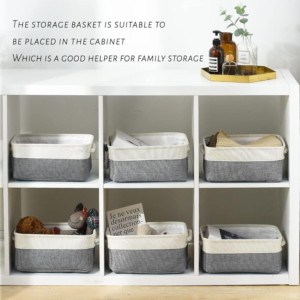 TcaFmac Small Storage Baskets for Shelf 6 Pack Canvas Storage Basket with Handles Fabric Storage Basket for Organizing Storage Bin (White and Grey, 12x8x5")