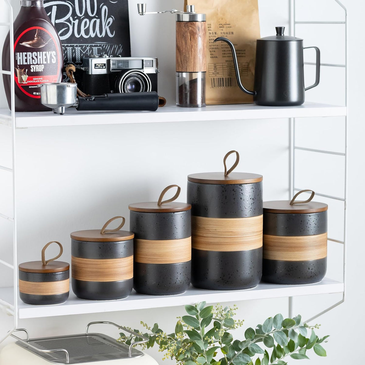 Ceramic Jar with Lid, Coffee Container Kitchen Food Storage Jars for Spice Sugar Tea Bag, Stackable Decorative Jars for Countertop, Black & 18oz