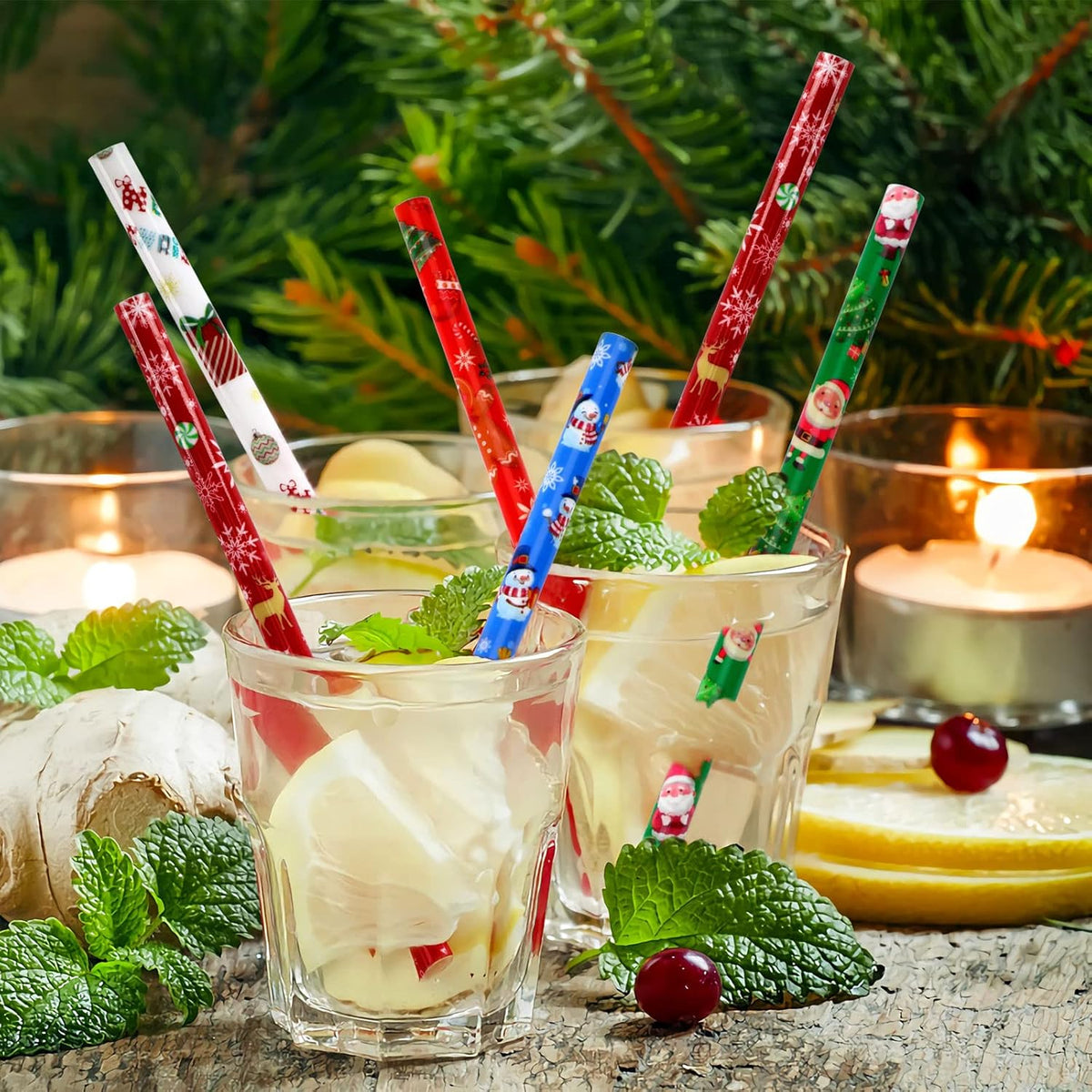 JANYUN 30 Pieces Christmas Drinking Straws BPA-Free 9inch Printing Hard Plastic Reusable Straws Xmas Balls Snowflake Elk Straw for Family Party Favors Supplies Cleaning Brush