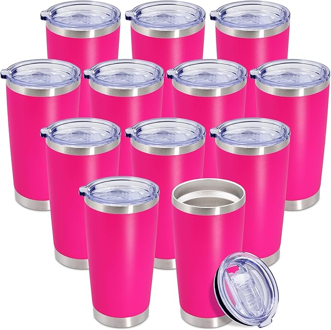 20 oz Tumbler Coffee Travel Tumblers Bulk with Lid Stainless Steel Double Wall Vacuum Insulated Mug Powder Coated Cups fit Car Cupholder for Hot and Cold - Hot Pink, 12Pack