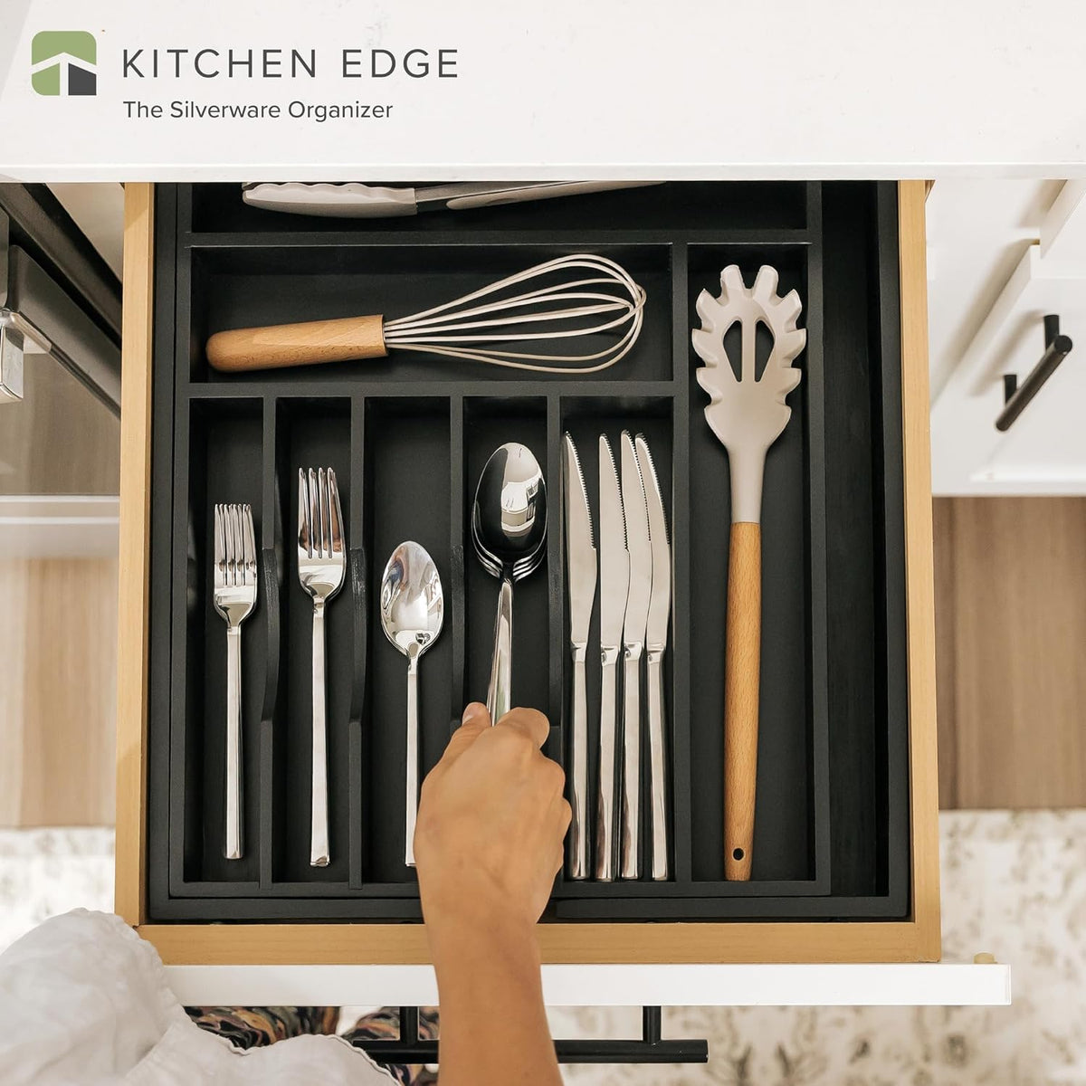 KitchenEdge Premium Silverware, Flatware and Utensil Organizer for Kitchen Drawers, Food-Safe Contract Grade, Expandable from 14.5 to 25 In, Black Bamboo