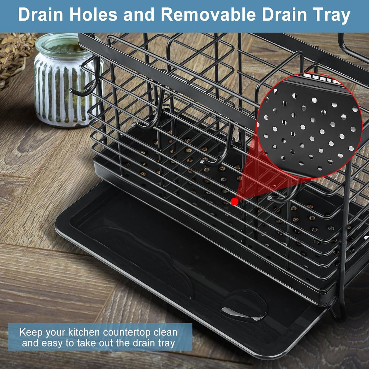 Utensil Holder, Stainless Steel Utensil Drying Rack with Drain Tray, Kitchen Counter Drainer Basket Silverware Cutlery Flatware Holder Forks, Knives, Spoons, Chopsticks Organizer (Black)