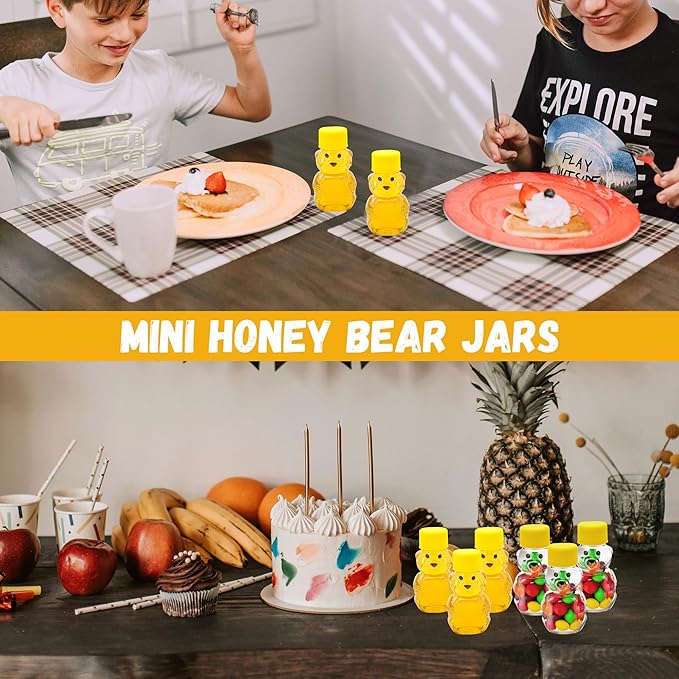 50 Pack 2 oz Honey Bear Bottle Plastic, Reusable Plastic Honey Bear Jars Bulk with Yellow Lid for Storing and Dispensing(60ml /2oz)