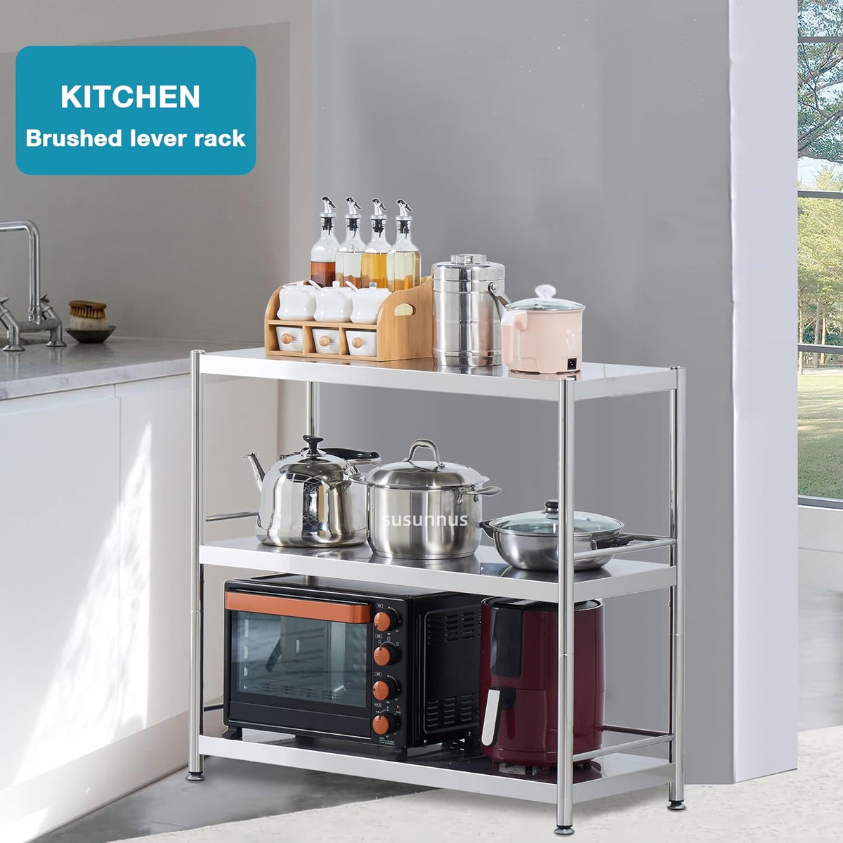 susunnus Stainless Steel Shelves 4 Tier Storage Shelves for Kitchen Garage Shelves Heavy Duty Shelving Metal Shelving Units and Storage Kitchen Industrial Storage Rack(with Guardrails)