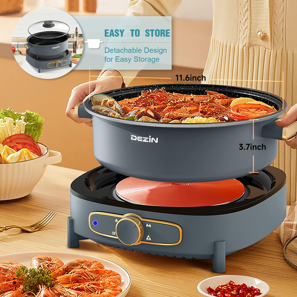 Dezin Electric Shabu Shabu Pot with Removable Pot, 5L Non-Stick Hot Pot Electric with Multi-Power Control, 3.7" Depth Electric Pot with Tempered Glass Lid for Party, Family and Friend Gathering
