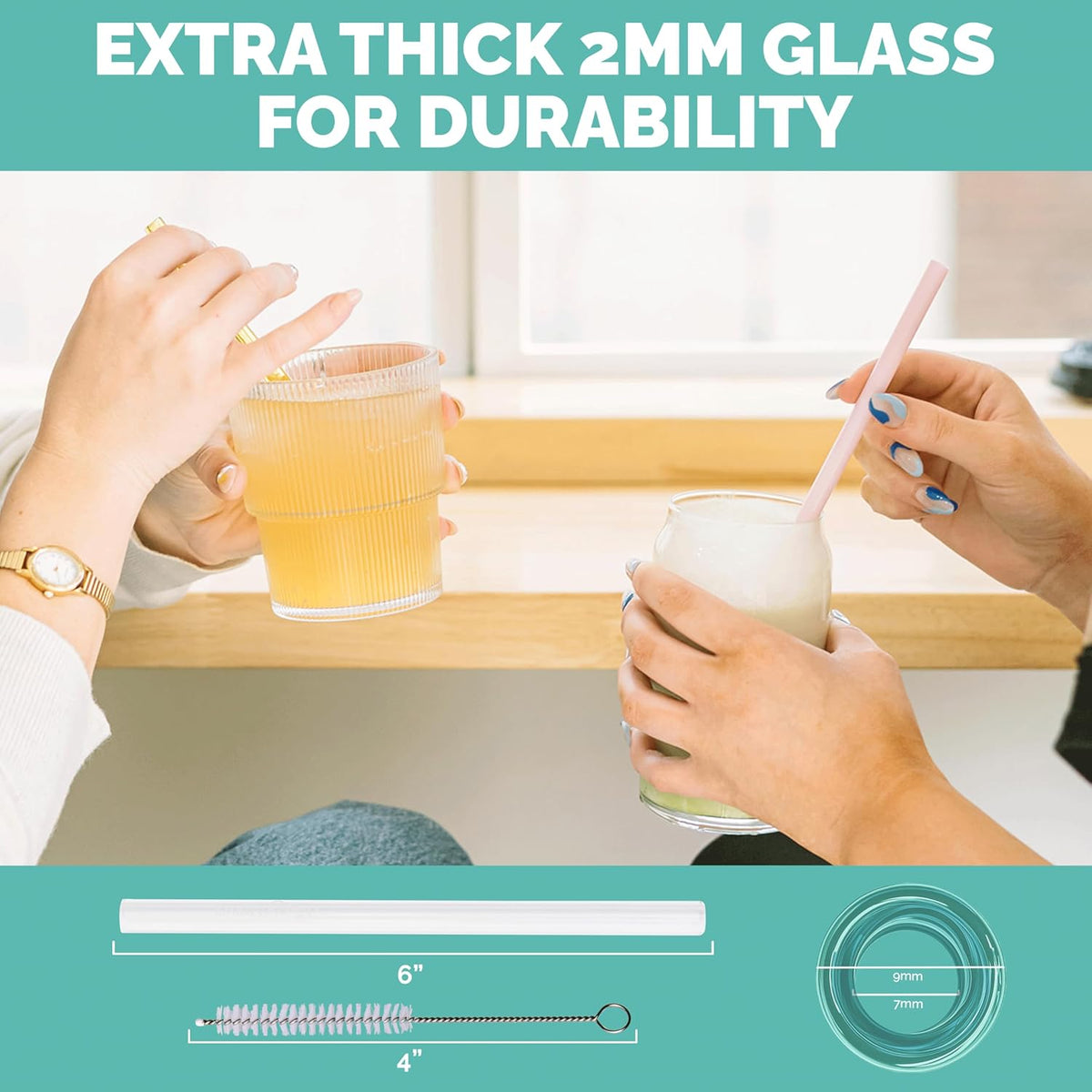 Simply Straws 6 Inch Glass Straws Straight (6-Pack) – Reusable Glass Straws for Low Balls & Stemless Glasses, with Cleaning Brush – Dishwasher Safe, Hot & Cold Use, BPA-Free (Air)
