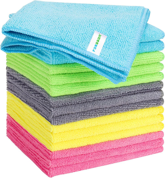 15pcs Microfiber Cleaning Cloth Lint Free, Absorbent, Streak Free, Non-Abrasive, Reusable and Washable，Cleaning Towels with 5 Color Assorted,11.5"X11.5"(Green/Blue/Yellow/Pink/Grey)