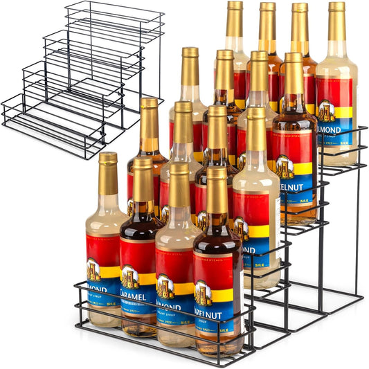16 Bottle Capacity Coffee Syrup Organizer 4 Tier Coffee Syrup Stand Shelf for Coffee Bar Accessories for Coffee Bar Kitchen Small Wine Rack for Bar Family Storage for Syrup Wine Dressing