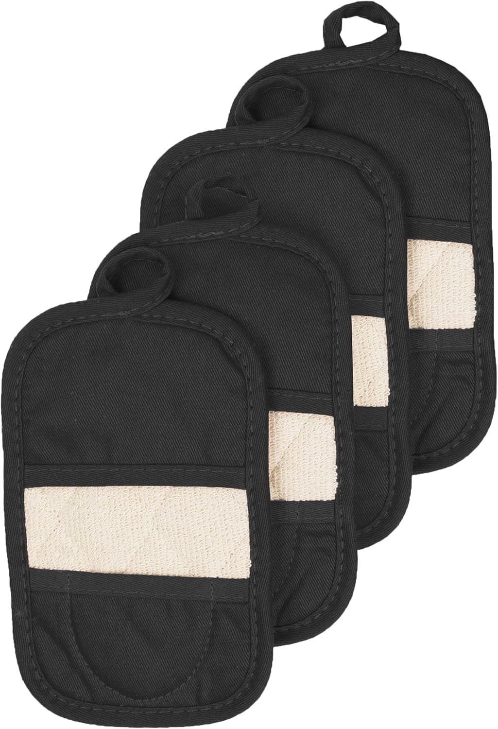 Ritz Premium Pot Holders & Heating Pads (4-Pack), 8.5" x 5.5", Heat Resistant, 100% Cotton Terry-Looped Pocket, for Kitchen and Barbeque, Black