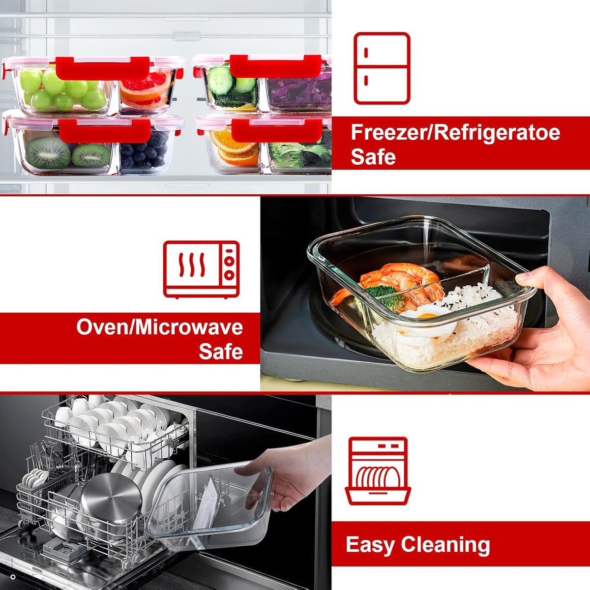 VERONES 5 Pack Glass Meal Prep Containers 2 Compartment Set, 36OZ Airtight Glass Lunch Containers, Glass Food Storage Containers with Lids, for Microwave, Oven, Freezer & Dishwasher Friendly,Red