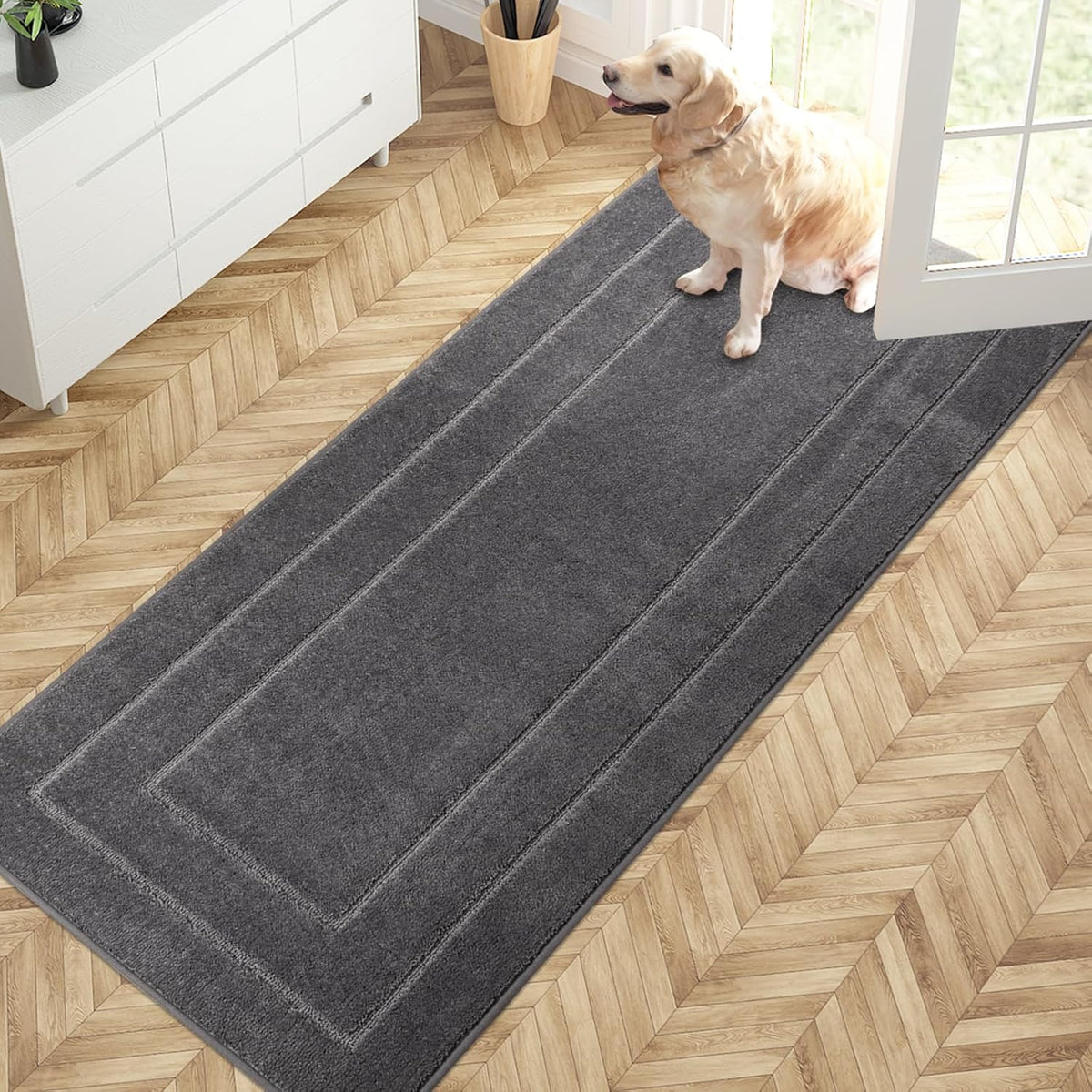 PURRUGS Dirt Trapping Door Mat 32" x 70", Non-Slip/Skid Machine Washable Entryway Rug, Dog Doormat, Super Absorbent Welcome Mat for Muddy Wet Shoes and Paws, Grey