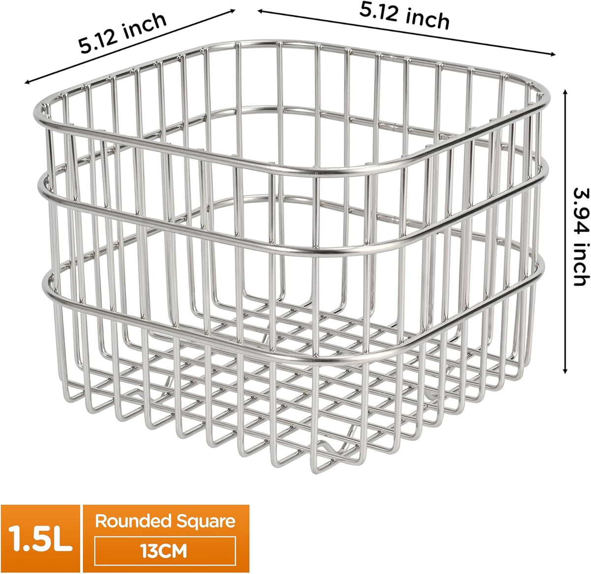 304 Stainless Steel Wire Mesh Fruit Basket Colander, 1.5L Countertop Storage Organizer for Fruits, Vegetables, Snacks.5.12 x 5.12 x 3.94 in (13cm,Rounded Square)