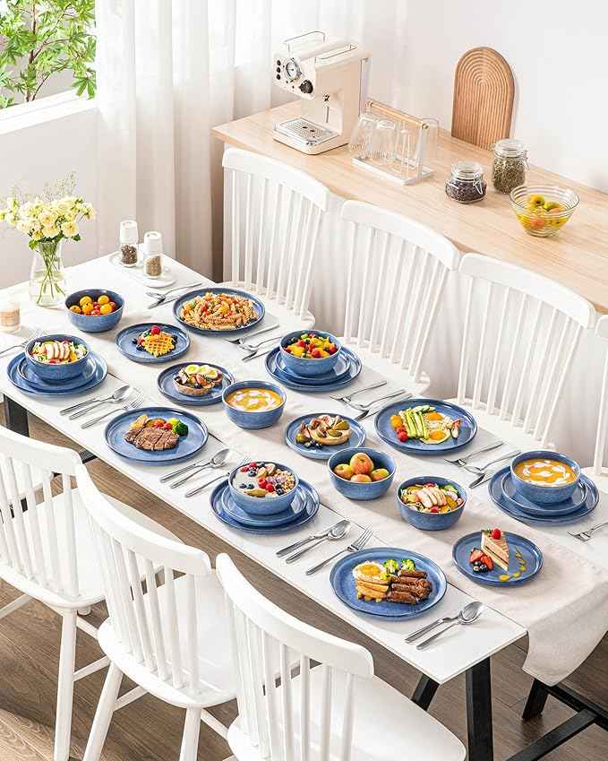 vancasso ANYA 24 Pieces Plates and Bowls Set, Blue Dinnerware Sets, Reactive Glaze Dishes Set for 8, Ceramic Dishware Sets Kitchen Dinner Set, Microwave & Dishwasher Safe