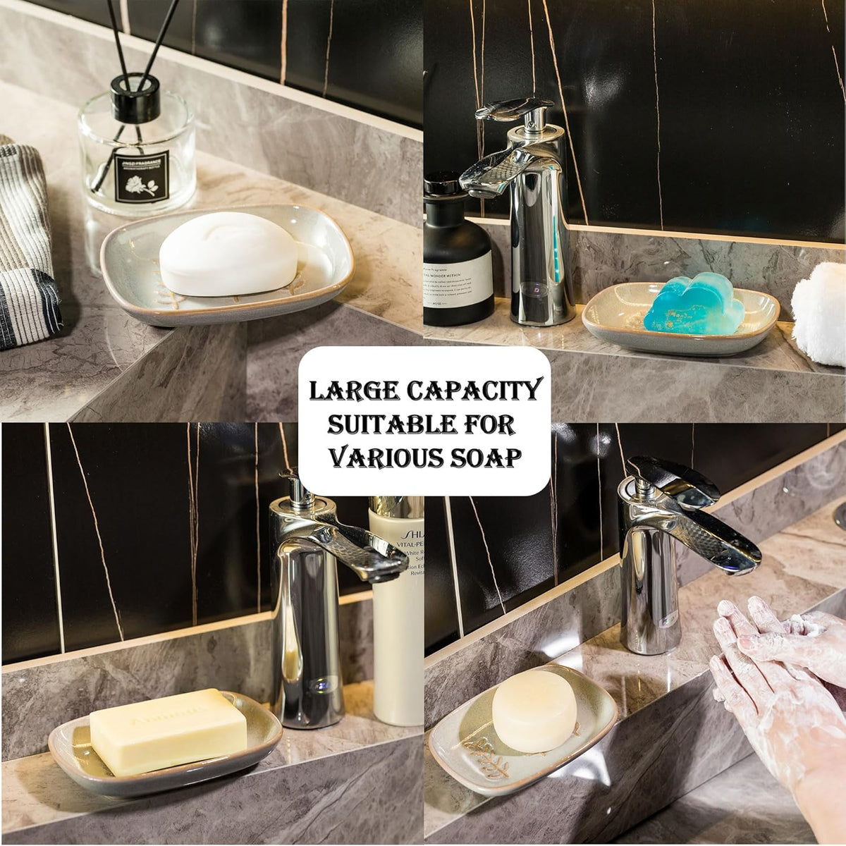 Ceramic Soap Dish Soap Holder, Soap Lift for Bar Soap Sponge, Shower Soap Dishes for Bathroom Kitchen Counter Soap Saver Tray Keep Dry, Dishwasher Safe