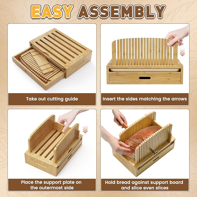 Bamboo Bread Slicer for Homemade Bread Adjustable Width Slicing Guides, Compact Loaf Cutter for Perfect Slices