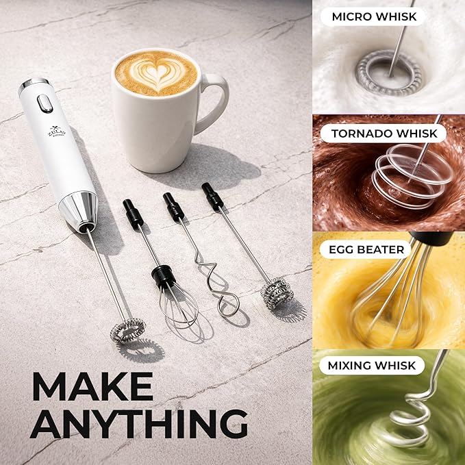 Zulay Kitchen Metal Rechargeable Milk Frother, 3 Whisk Attachments Handheld Frother Wand, 1800mAh USB-C Charging, Electric Drink Mixer for Protein, Matcha & Powders - One Charge Lasts up to 6 Months